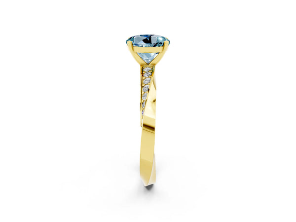 Yellow gold Round Cut Aquamarine Engagement Ring with Side Stone Accents and Four-Prong Setting