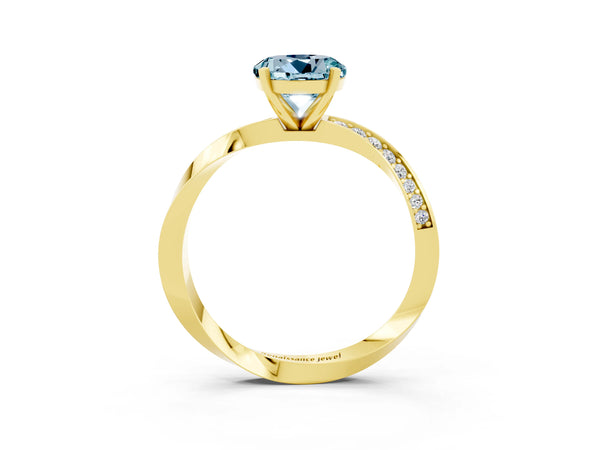 Yellow gold Round Cut Aquamarine Engagement Ring with Side Stone Accents and Four-Prong Setting