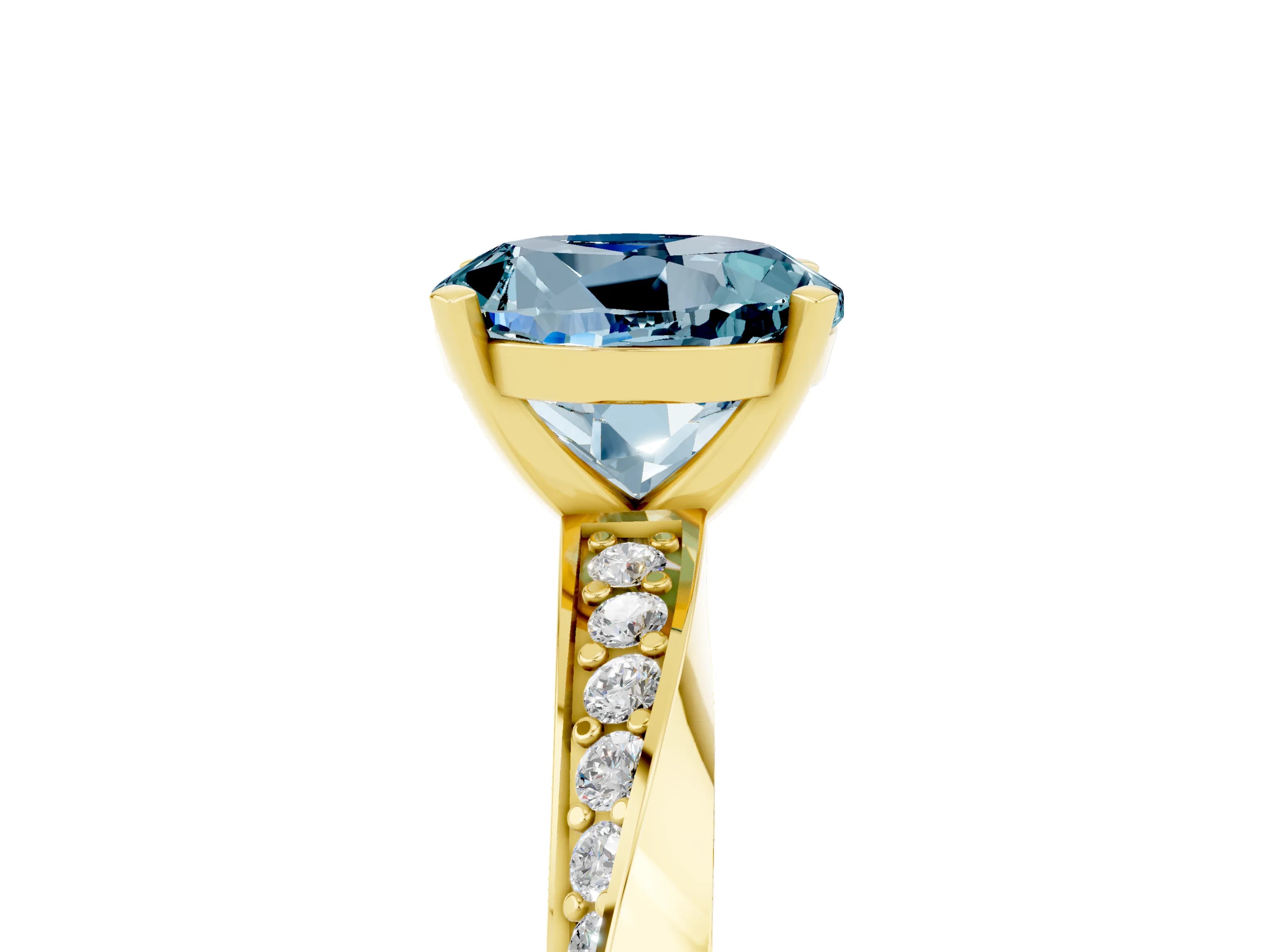 Yellow gold Round Cut Aquamarine Engagement Ring with Side Stone Accents and Four-Prong Setting_32
