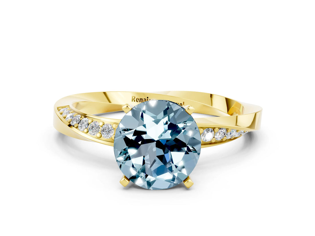 Yellow gold Round Cut Aquamarine Engagement Ring with Side Stone Accents and Four-Prong Setting_72