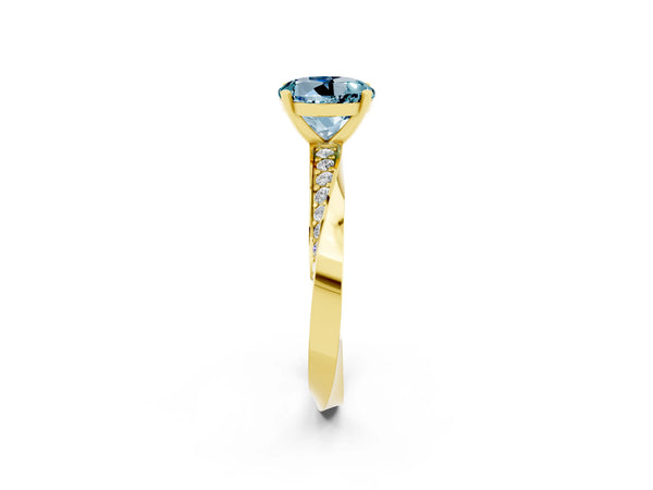 Yellow gold Round Cut Aquamarine Engagement Ring with Side Stone Accents and Four-Prong Setting