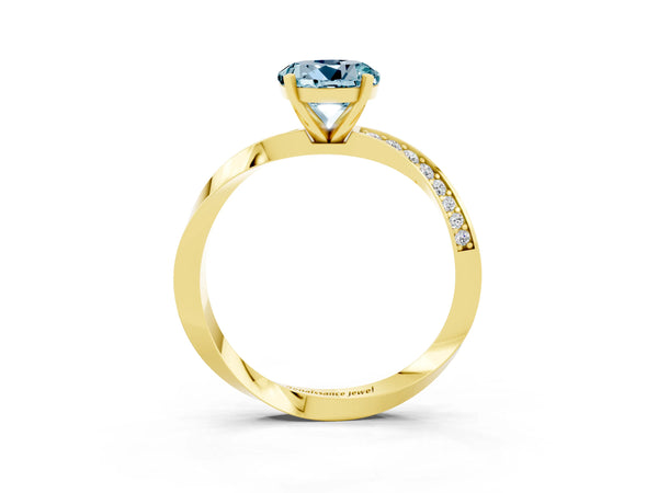 Yellow gold Round Cut Aquamarine Engagement Ring with Side Stone Accents and Four-Prong Setting