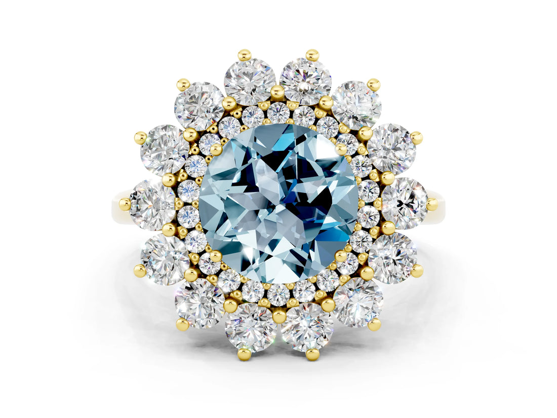 Yellow gold Round Cut Aquamarine Floral Double Halo Engagement Ring with Prong Setting_72