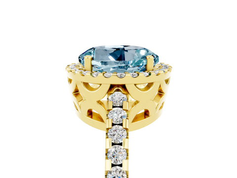 Yellow gold Round Cut Aquamarine Halo Engagement Ring with Pavé Band and Prong Setting_17