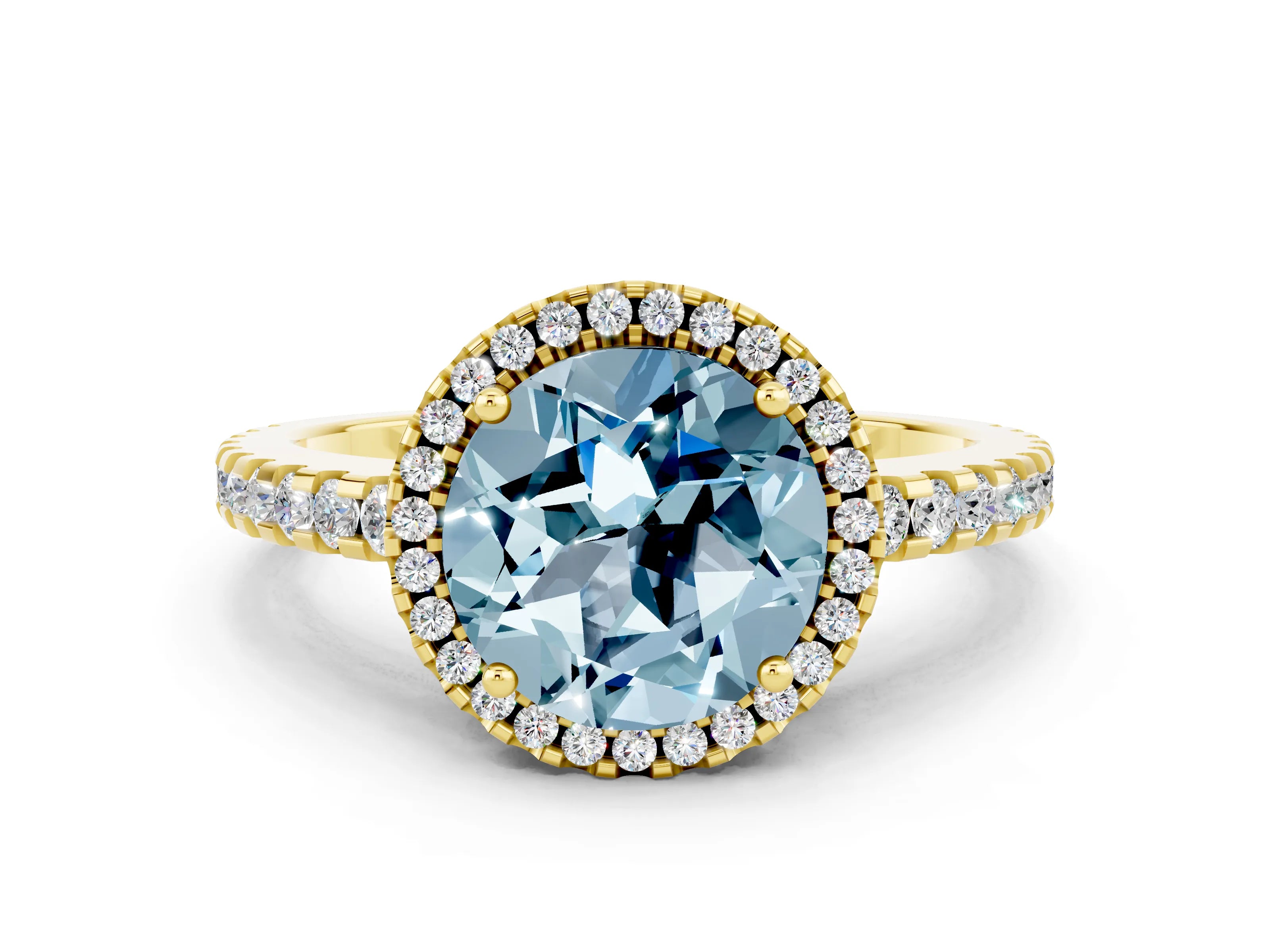 Yellow gold Round Cut Aquamarine Halo Engagement Ring with Pavé Band and Prong Setting_24