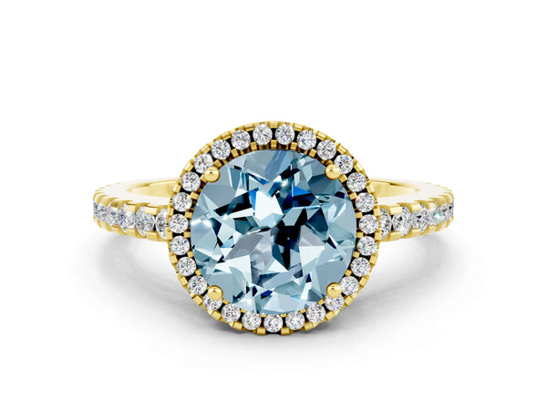 Yellow gold Round Cut Aquamarine Halo Engagement Ring with Pavé Band and Prong Setting