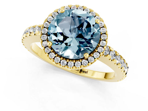 Yellow gold Round Cut Aquamarine Halo Engagement Ring with Pavé Band and Prong Setting_25