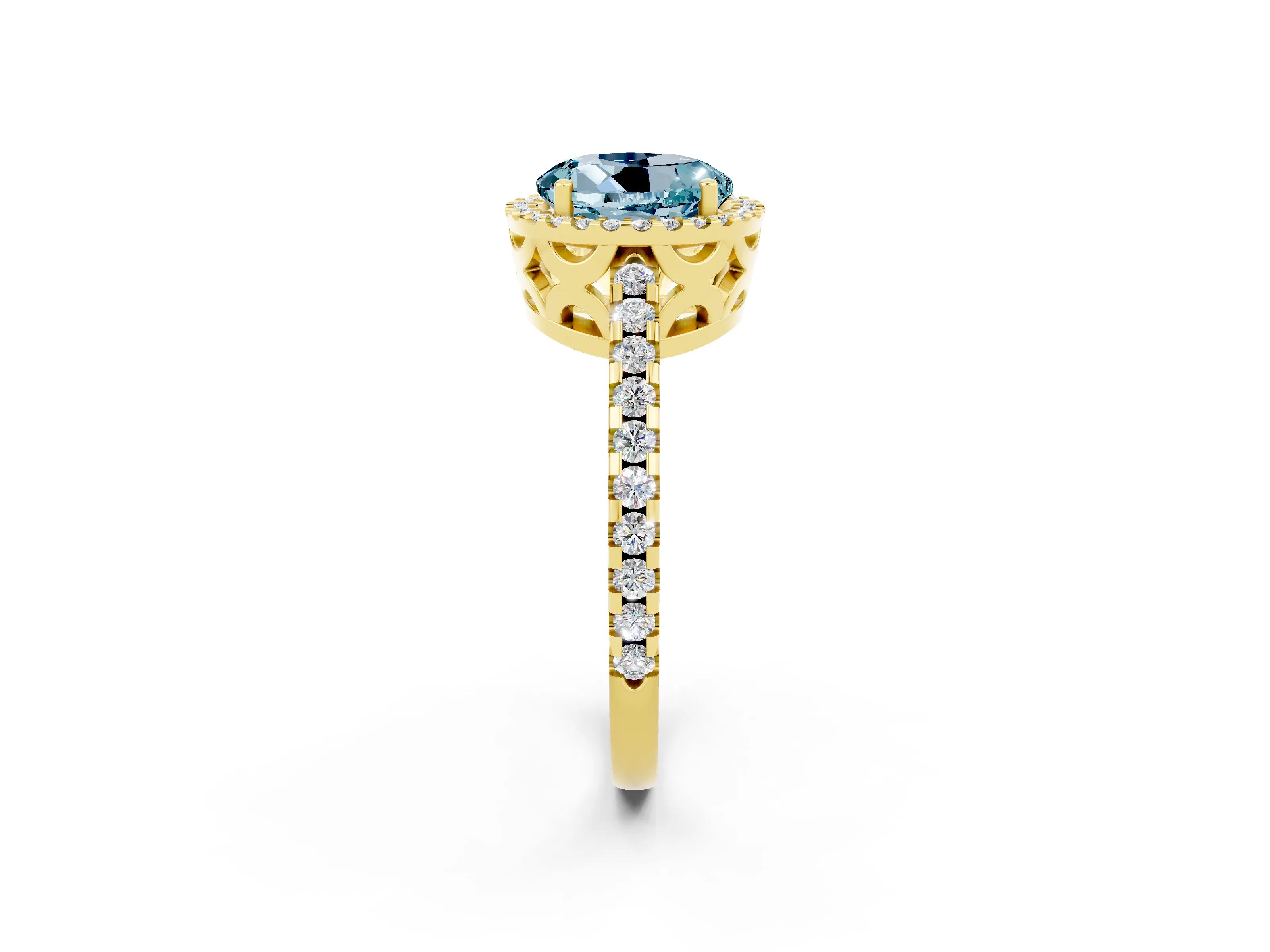 Yellow gold Round Cut Aquamarine Halo Engagement Ring with Pavé Band and Prong Setting_26