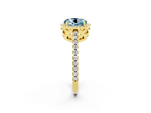 Yellow gold Round Cut Aquamarine Halo Engagement Ring with Pavé Band and Prong Setting