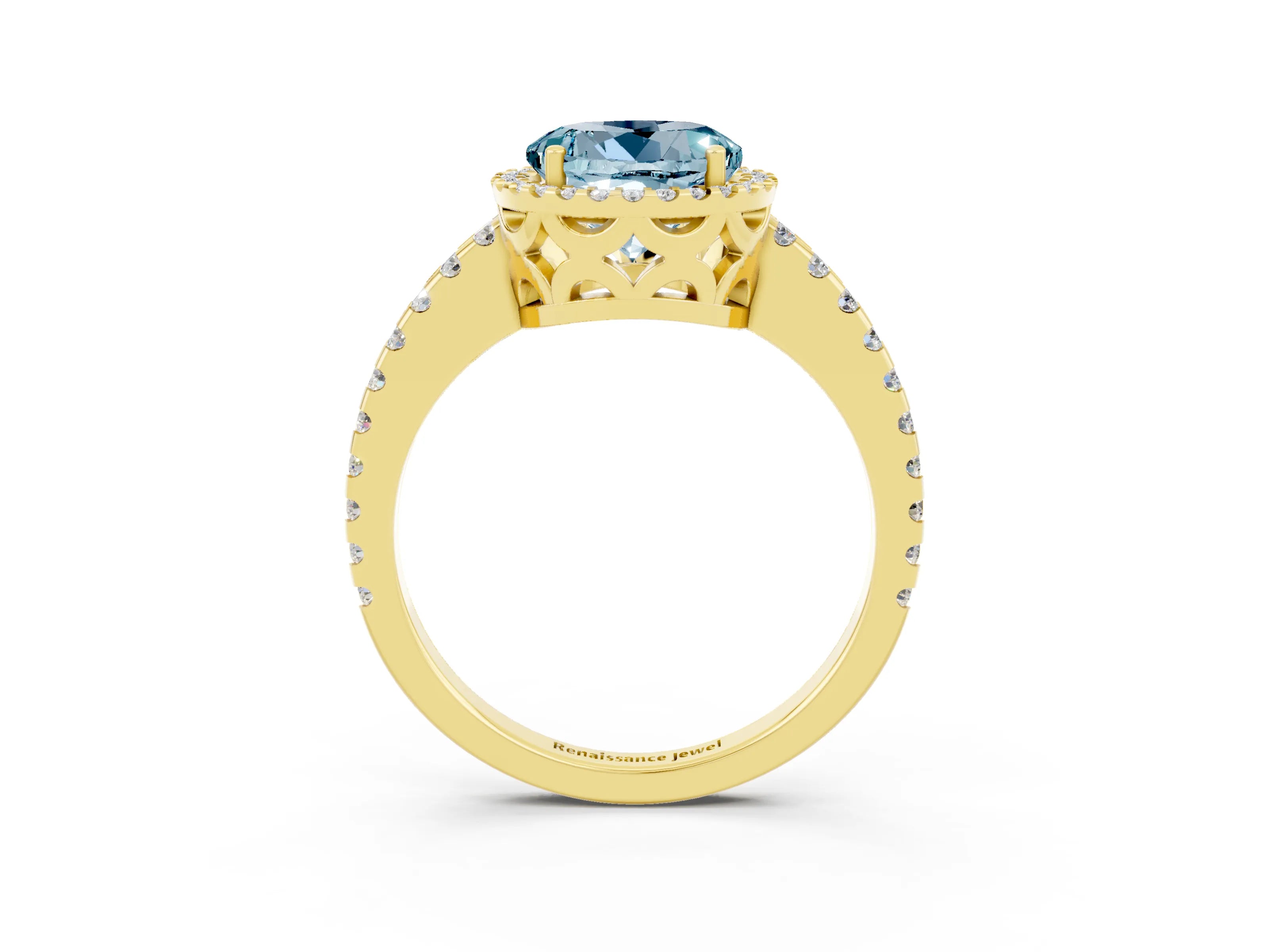 Yellow gold Round Cut Aquamarine Halo Engagement Ring with Pavé Band and Prong Setting_27