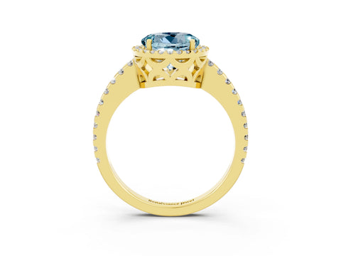 Yellow gold Round Cut Aquamarine Halo Engagement Ring with Pavé Band and Prong Setting_27