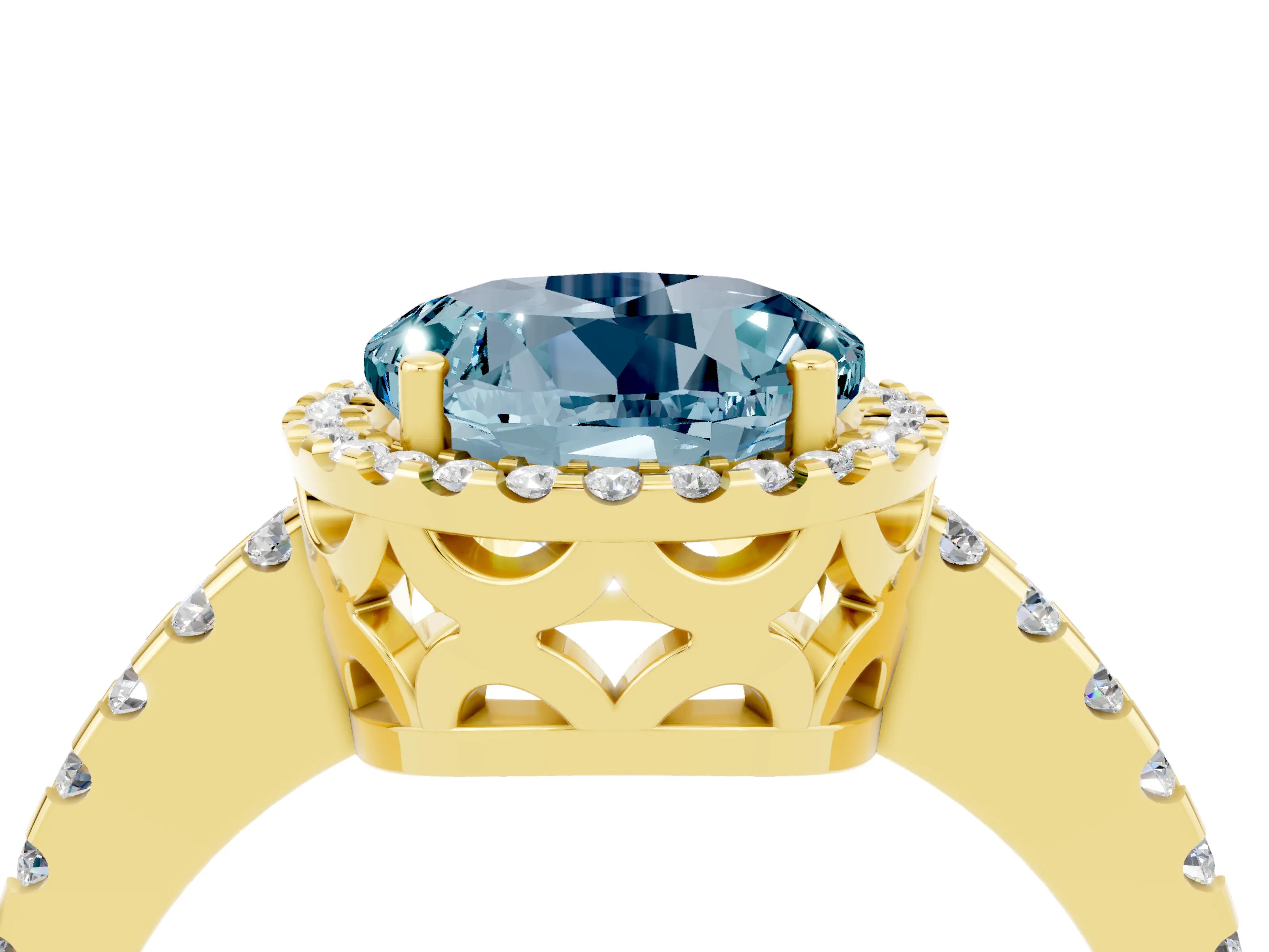 Yellow gold Round Cut Aquamarine Halo Engagement Ring with Pavé Band and Prong Setting_28
