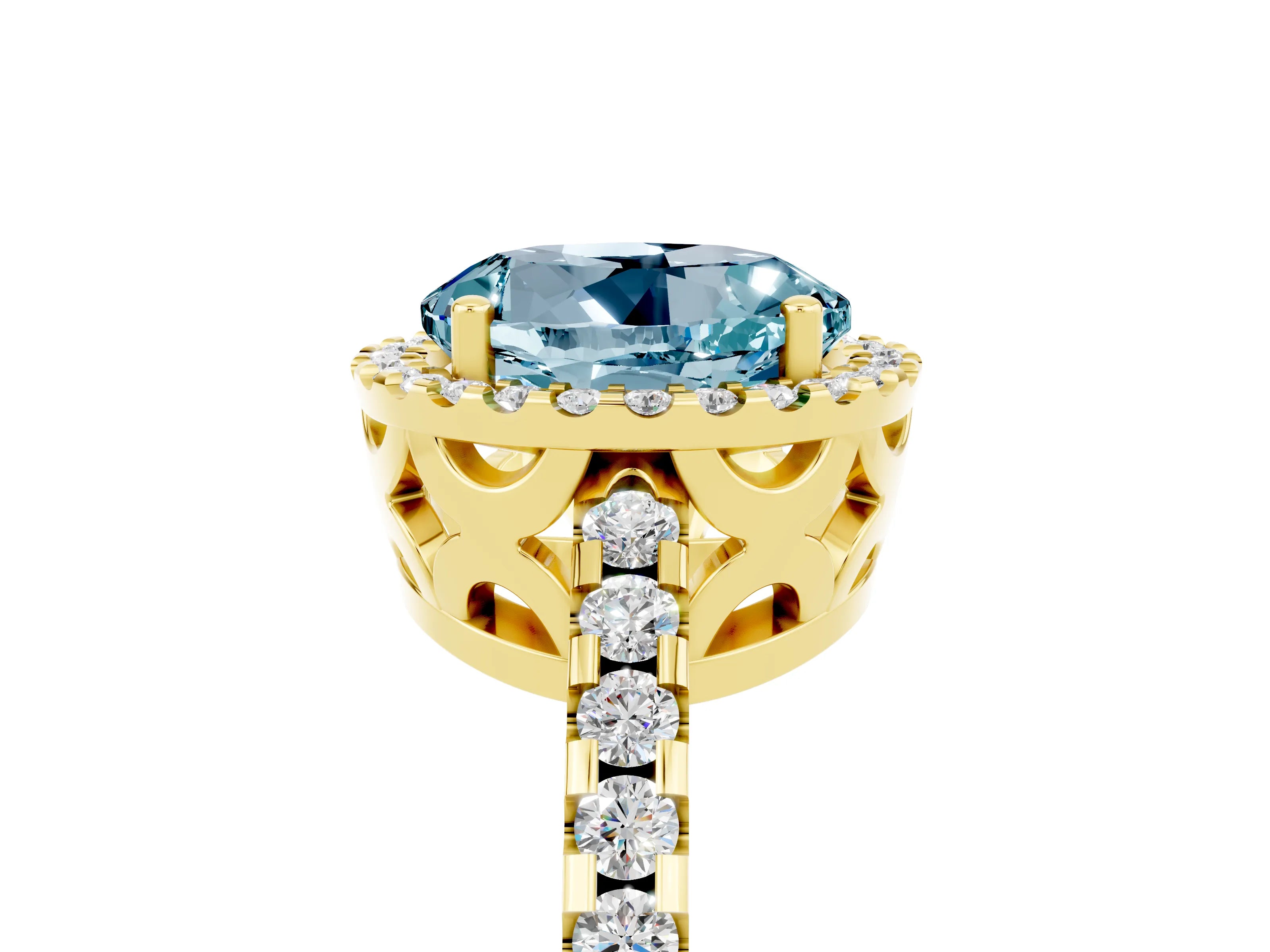 Yellow gold Round Cut Aquamarine Halo Engagement Ring with Pavé Band and Prong Setting_29