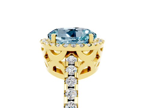 Yellow gold Round Cut Aquamarine Halo Engagement Ring with Pavé Band and Prong Setting_29