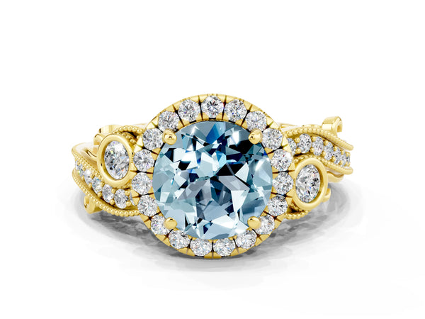 Yellow gold Round Cut Aquamarine Halo Ring with Milgrain Pavé Band and Four-Prong Setting