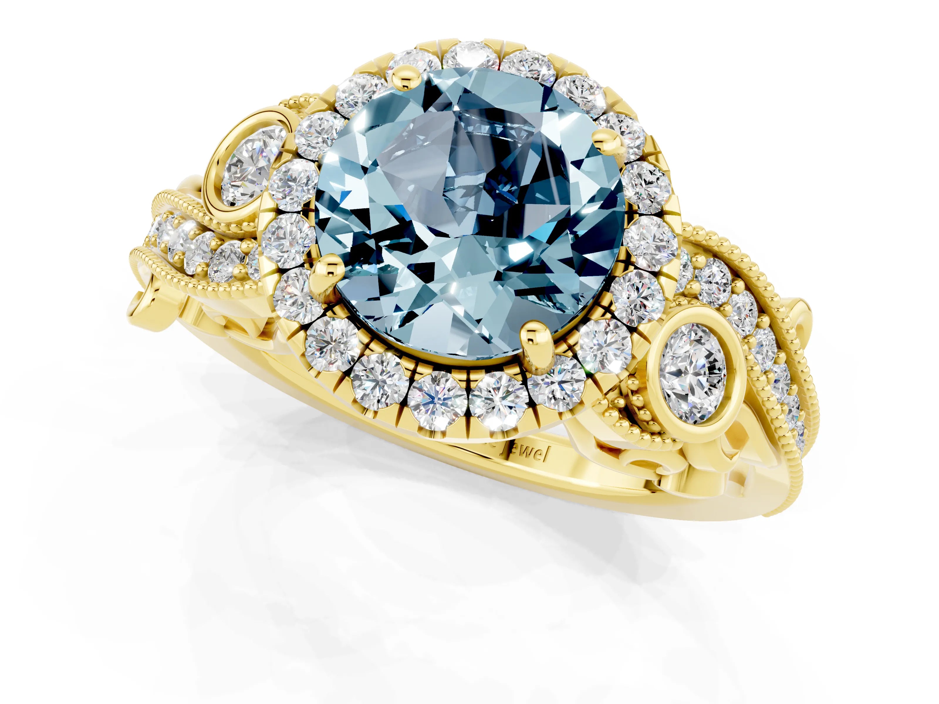 Yellow gold Round Cut Aquamarine Halo Ring with Milgrain Pavé Band and Four-Prong Setting_13