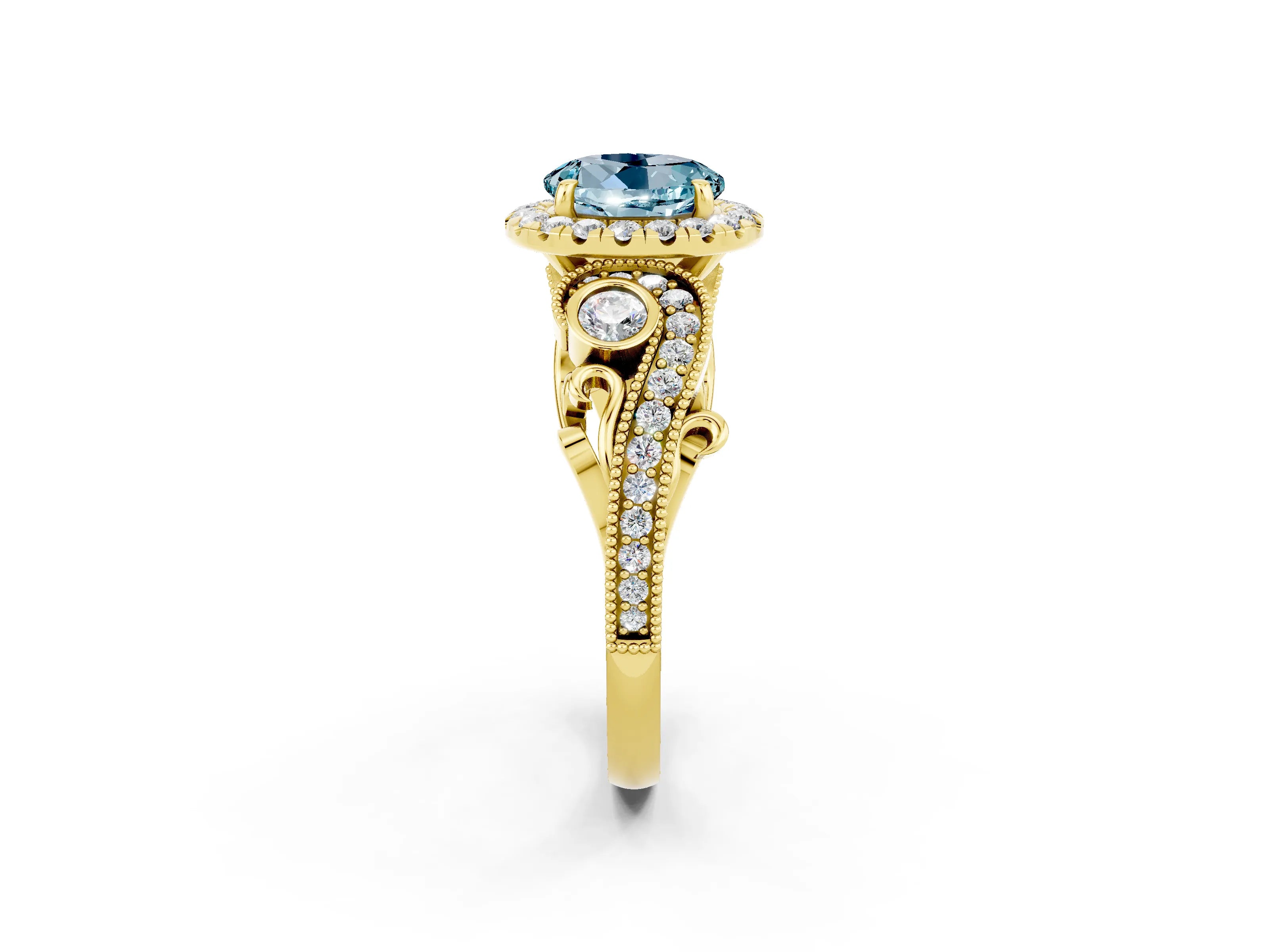 Yellow gold Round Cut Aquamarine Halo Ring with Milgrain Pavé Band and Four-Prong Setting_14