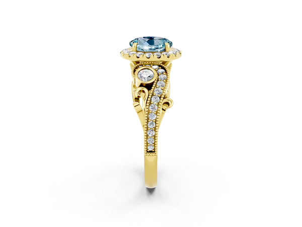 Yellow gold Round Cut Aquamarine Halo Ring with Milgrain Pavé Band and Four-Prong Setting