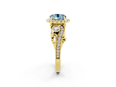 Yellow gold Round Cut Aquamarine Halo Ring with Milgrain Pavé Band and Four-Prong Setting_14