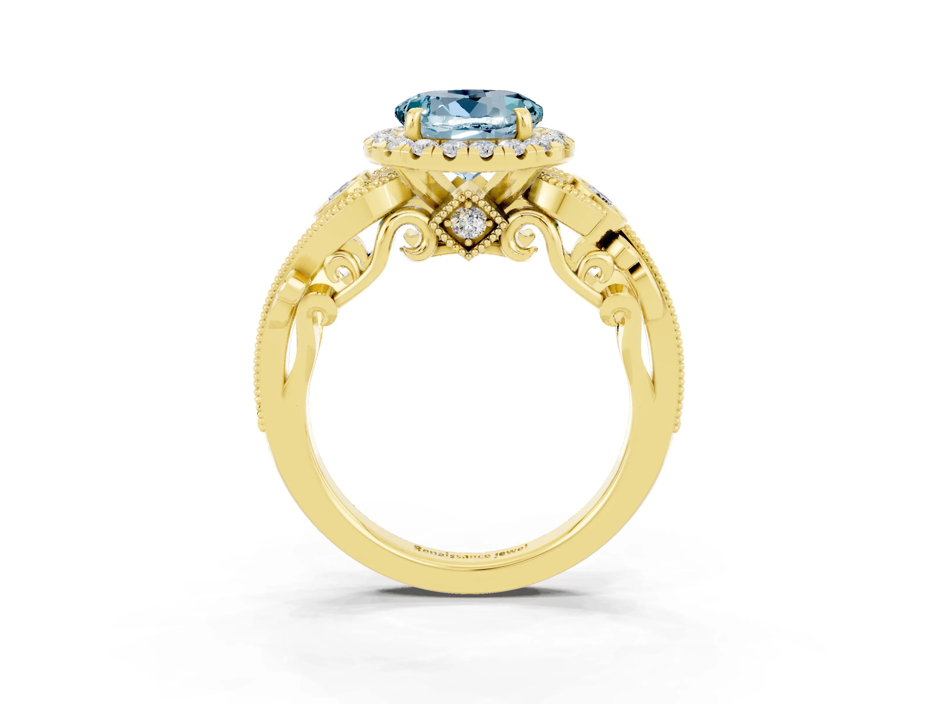 Yellow gold Round Cut Aquamarine Halo Ring with Milgrain Pavé Band and Four-Prong Setting_15