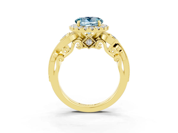 Yellow gold Round Cut Aquamarine Halo Ring with Milgrain Pavé Band and Four-Prong Setting