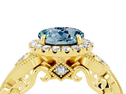 Yellow gold Round Cut Aquamarine Halo Ring with Milgrain Pavé Band and Four-Prong Setting_16