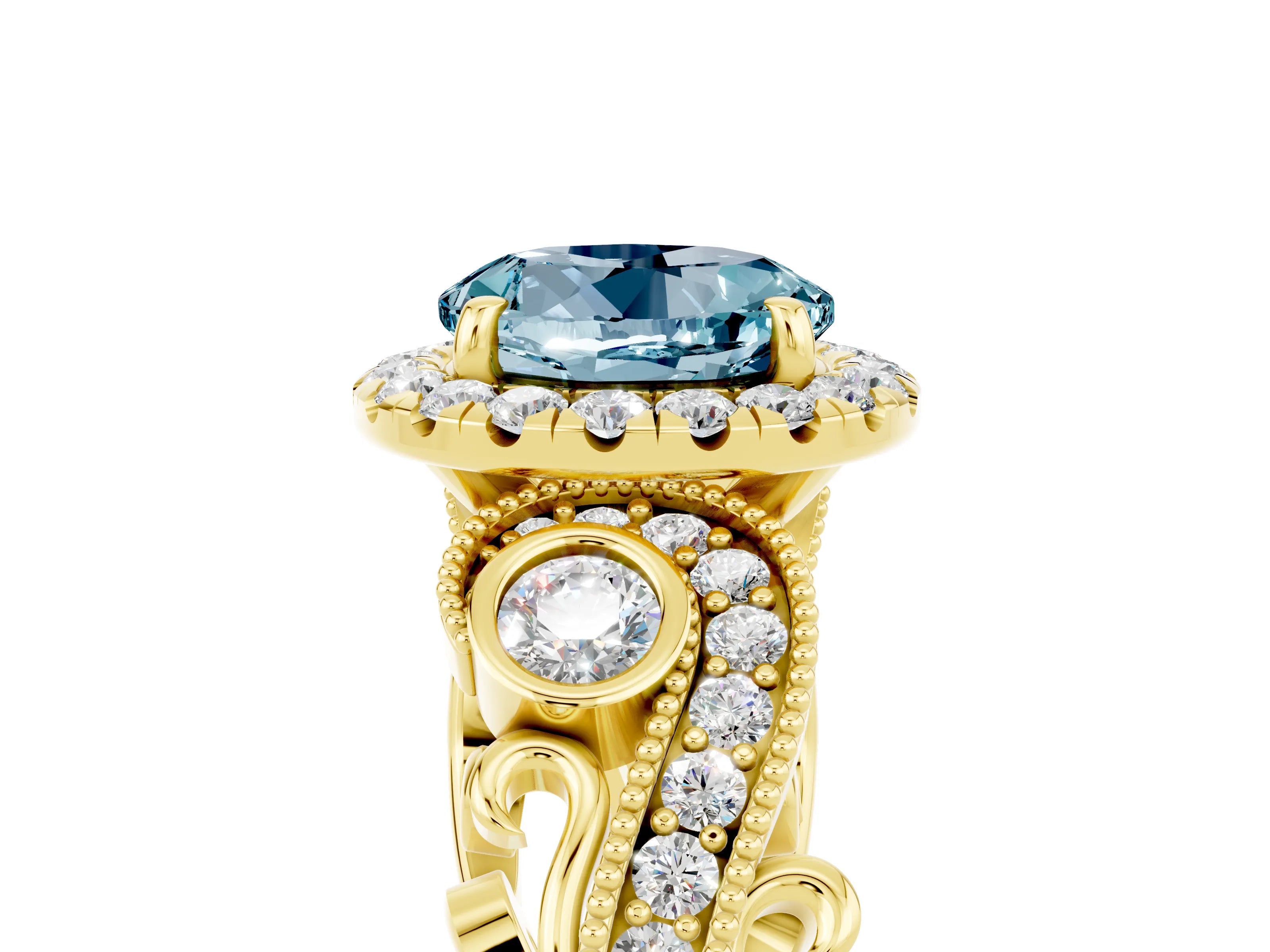Yellow gold Round Cut Aquamarine Halo Ring with Milgrain Pavé Band and Four-Prong Setting_17