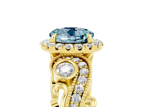 Yellow gold Round Cut Aquamarine Halo Ring with Milgrain Pavé Band and Four-Prong Setting_17