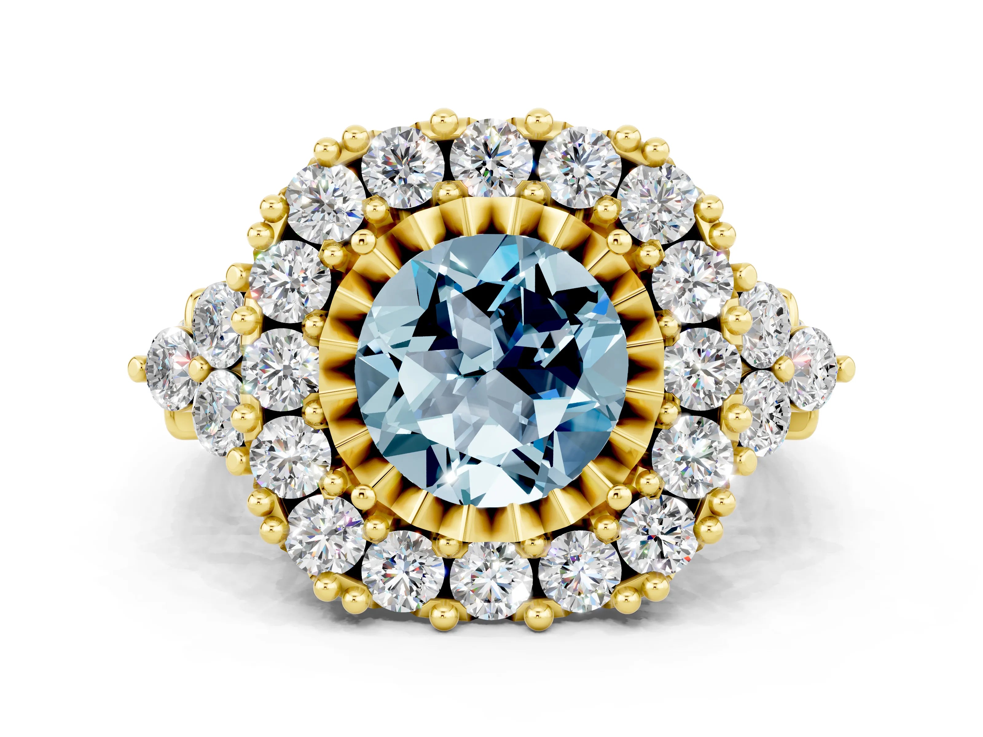 Yellow gold Round Cut Aquamarine Halo Ring with Pavé Band and Four-Prong Setting_12