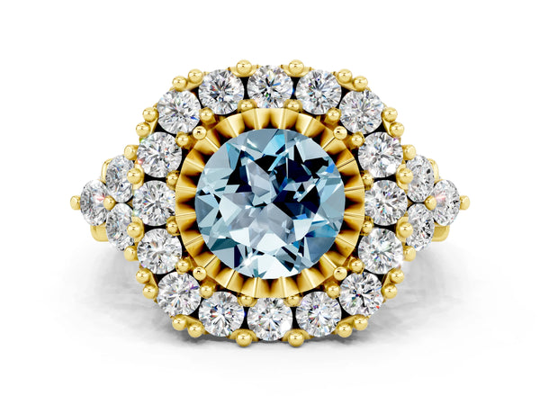 Yellow gold Round Cut Aquamarine Halo Ring with Pavé Band and Four-Prong Setting