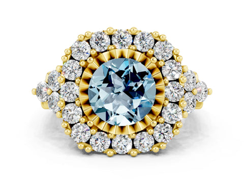 Yellow gold Round Cut Aquamarine Halo Ring with Pavé Band and Four-Prong Setting_12