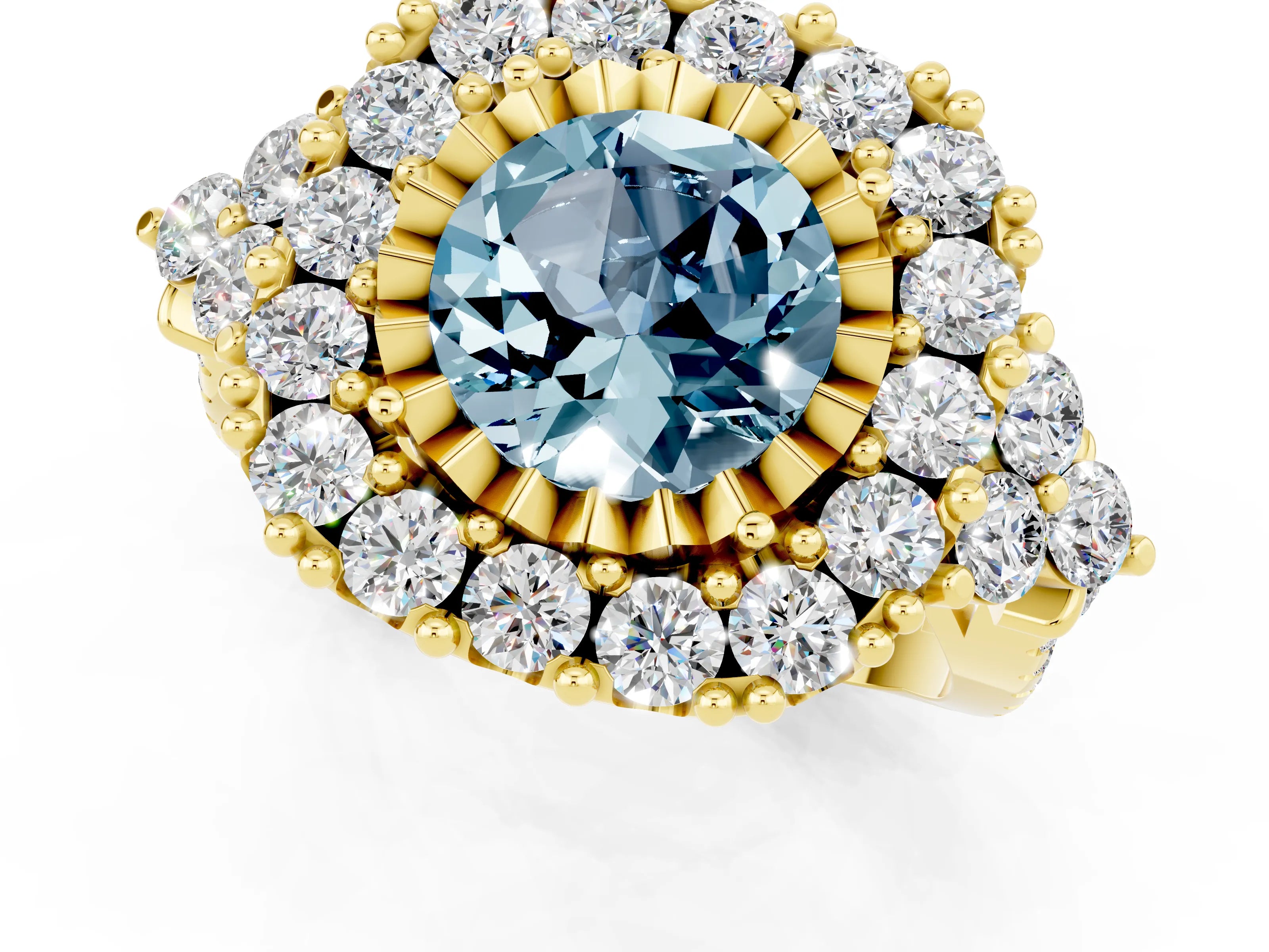 Yellow gold Round Cut Aquamarine Halo Ring with Pavé Band and Four-Prong Setting_13