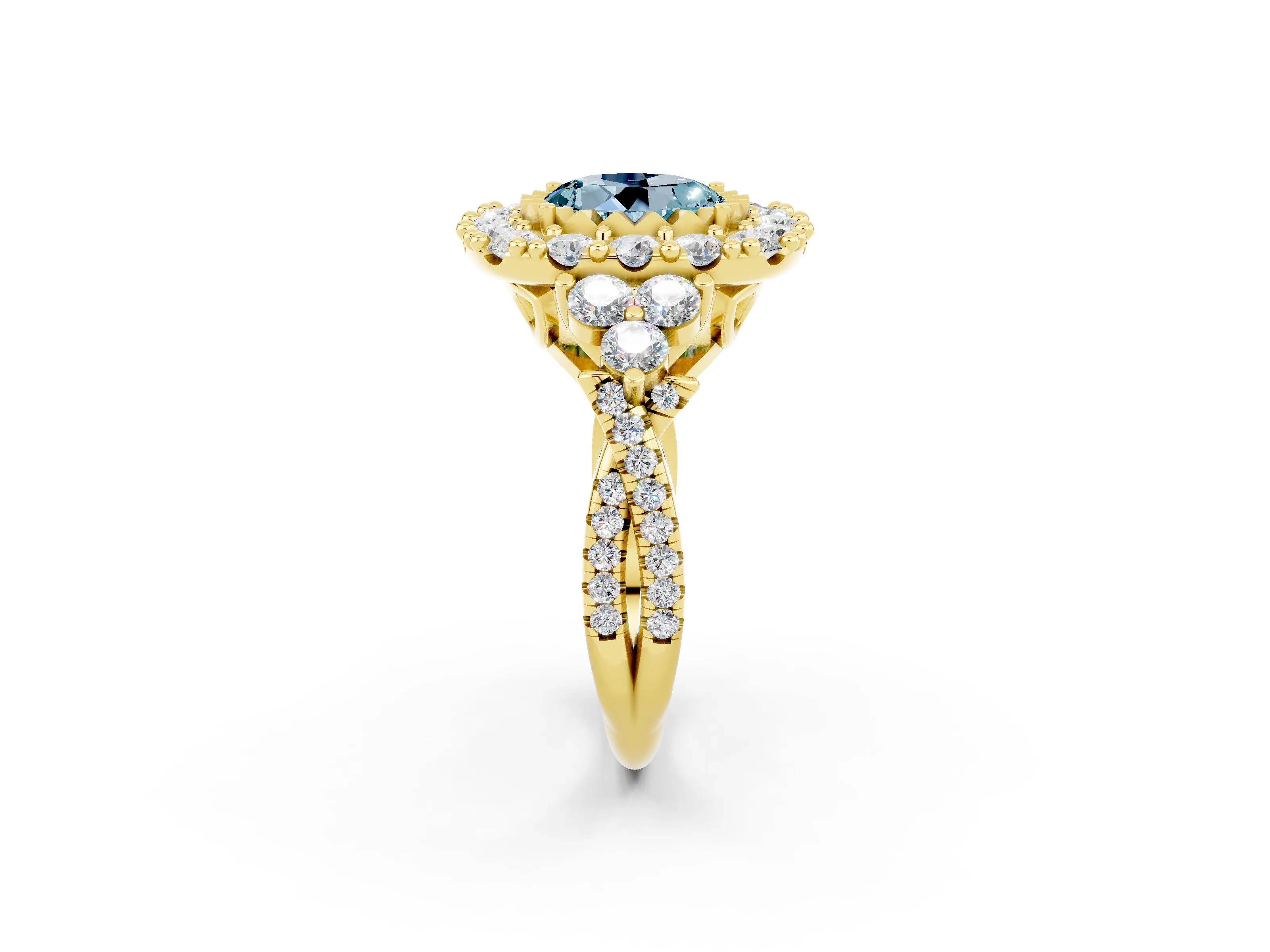 Yellow gold Round Cut Aquamarine Halo Ring with Pavé Band and Four-Prong Setting_14
