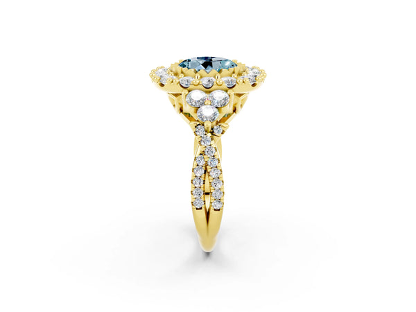 Yellow gold Round Cut Aquamarine Halo Ring with Pavé Band and Four-Prong Setting