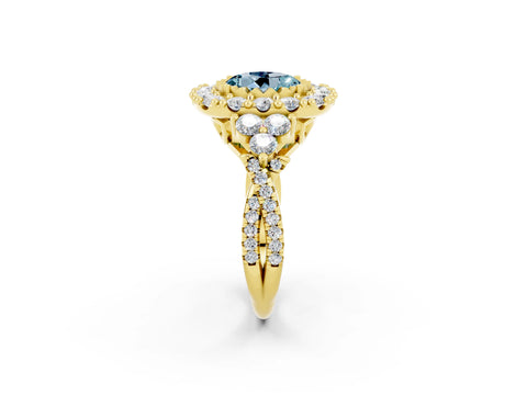 Yellow gold Round Cut Aquamarine Halo Ring with Pavé Band and Four-Prong Setting_14