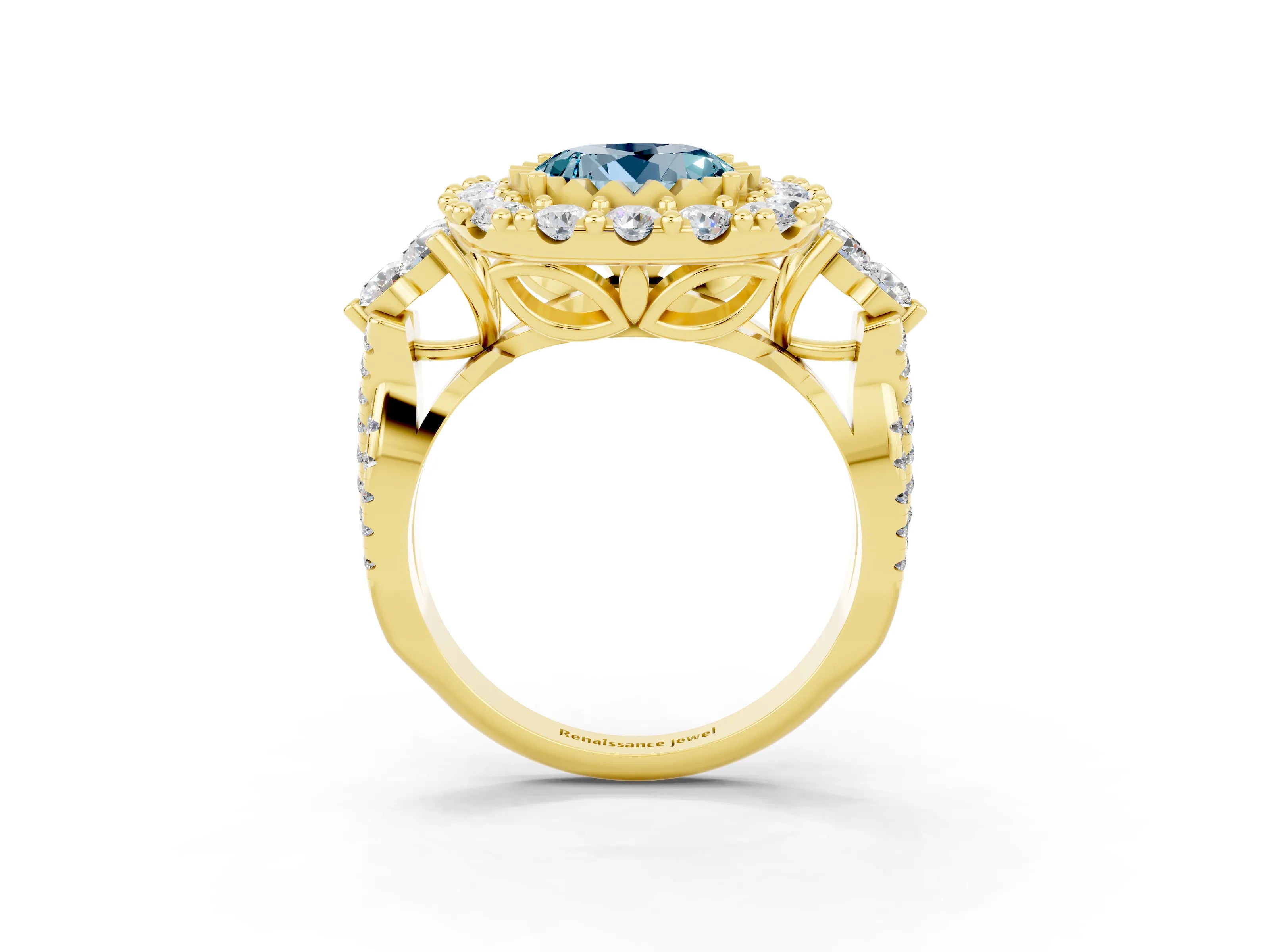 Yellow gold Round Cut Aquamarine Halo Ring with Pavé Band and Four-Prong Setting_15