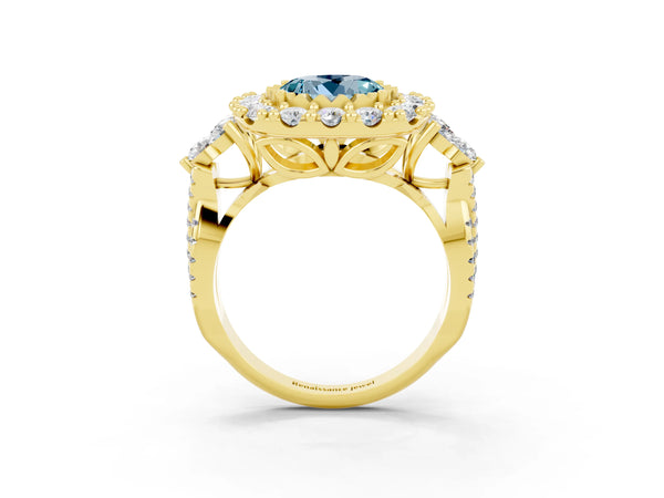 Yellow gold Round Cut Aquamarine Halo Ring with Pavé Band and Four-Prong Setting