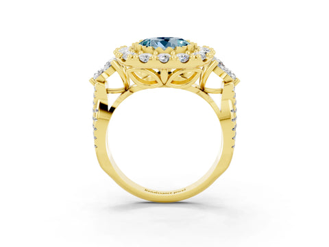 Yellow gold Round Cut Aquamarine Halo Ring with Pavé Band and Four-Prong Setting_15