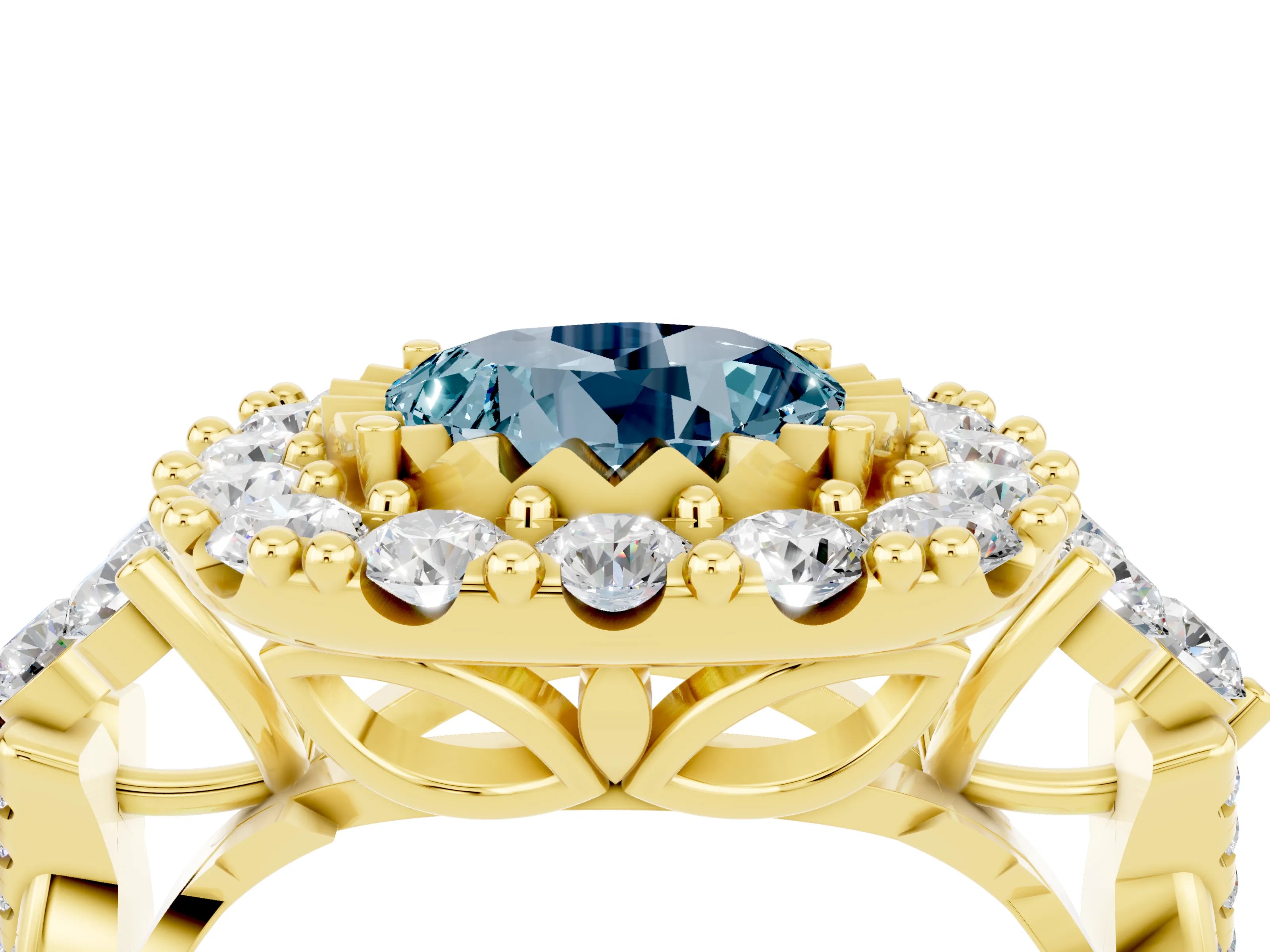 Yellow gold Round Cut Aquamarine Halo Ring with Pavé Band and Four-Prong Setting_16