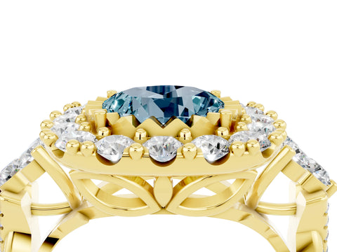 Yellow gold Round Cut Aquamarine Halo Ring with Pavé Band and Four-Prong Setting_16