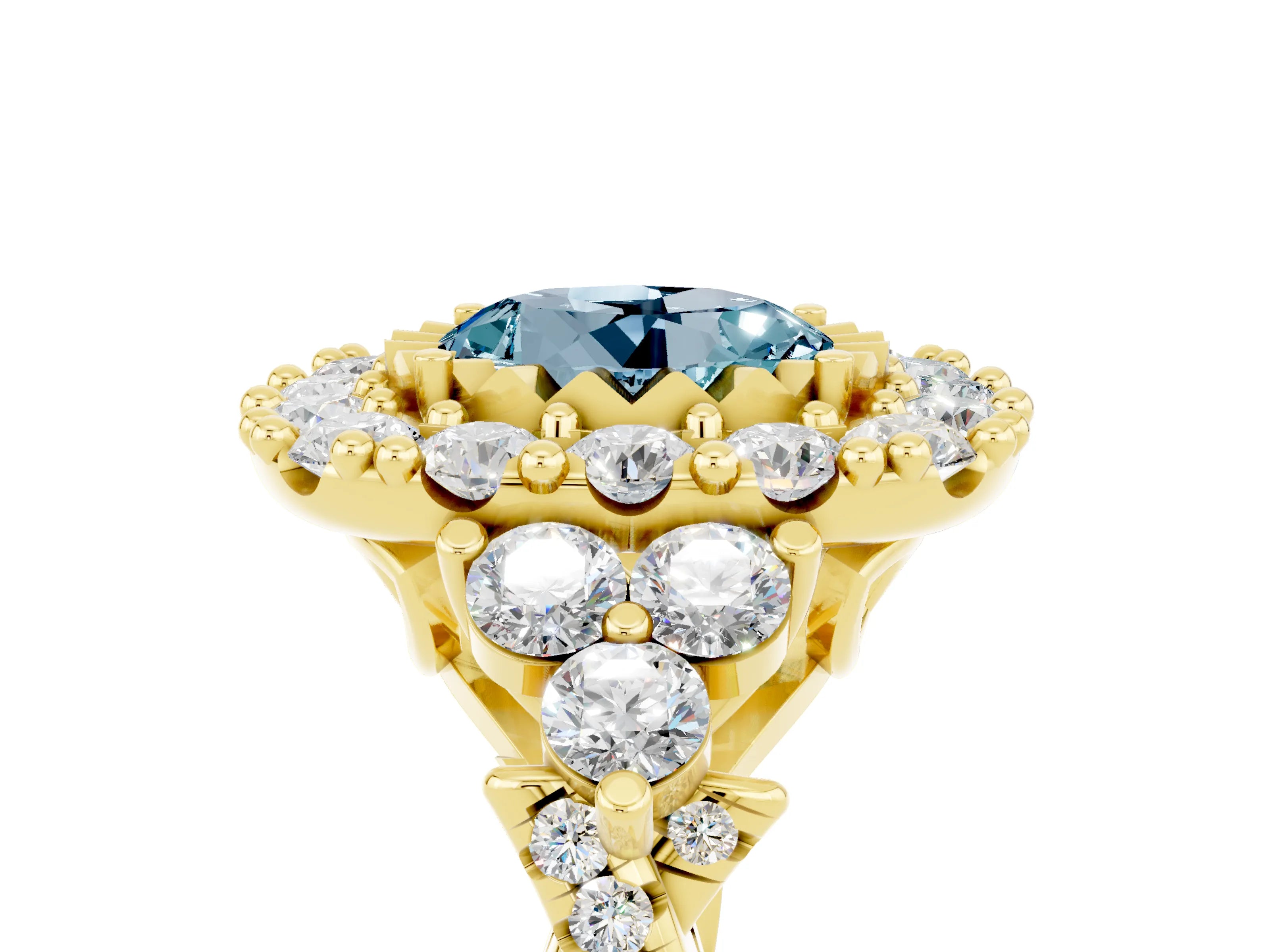 Yellow gold Round Cut Aquamarine Halo Ring with Pavé Band and Four-Prong Setting_17