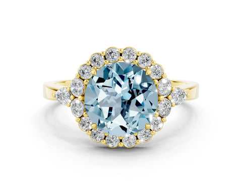 Yellow gold Round Cut Aquamarine Halo Ring with Pear Side Stones and Prong Setting_12