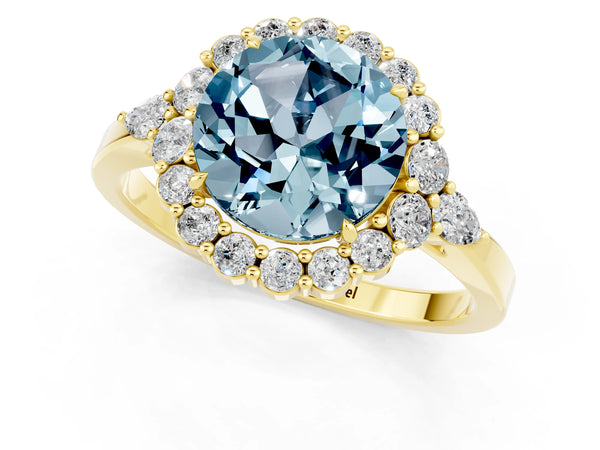 Yellow gold Round Cut Aquamarine Halo Ring with Pear Side Stones and Prong Setting