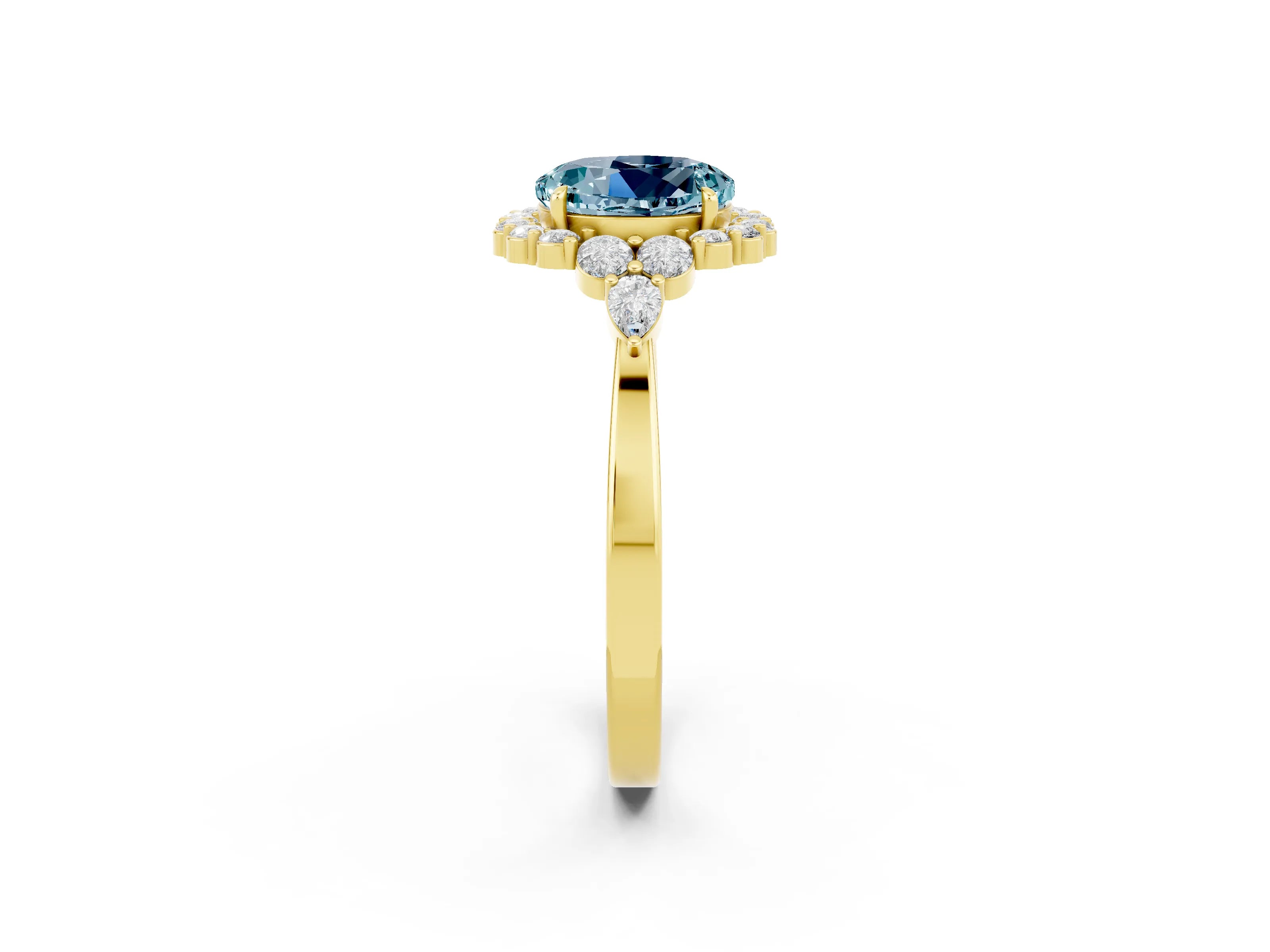 Yellow gold Round Cut Aquamarine Halo Ring with Pear Side Stones and Prong Setting_14