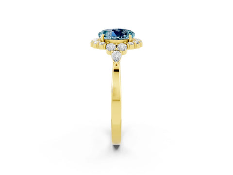 Yellow gold Round Cut Aquamarine Halo Ring with Pear Side Stones and Prong Setting_14