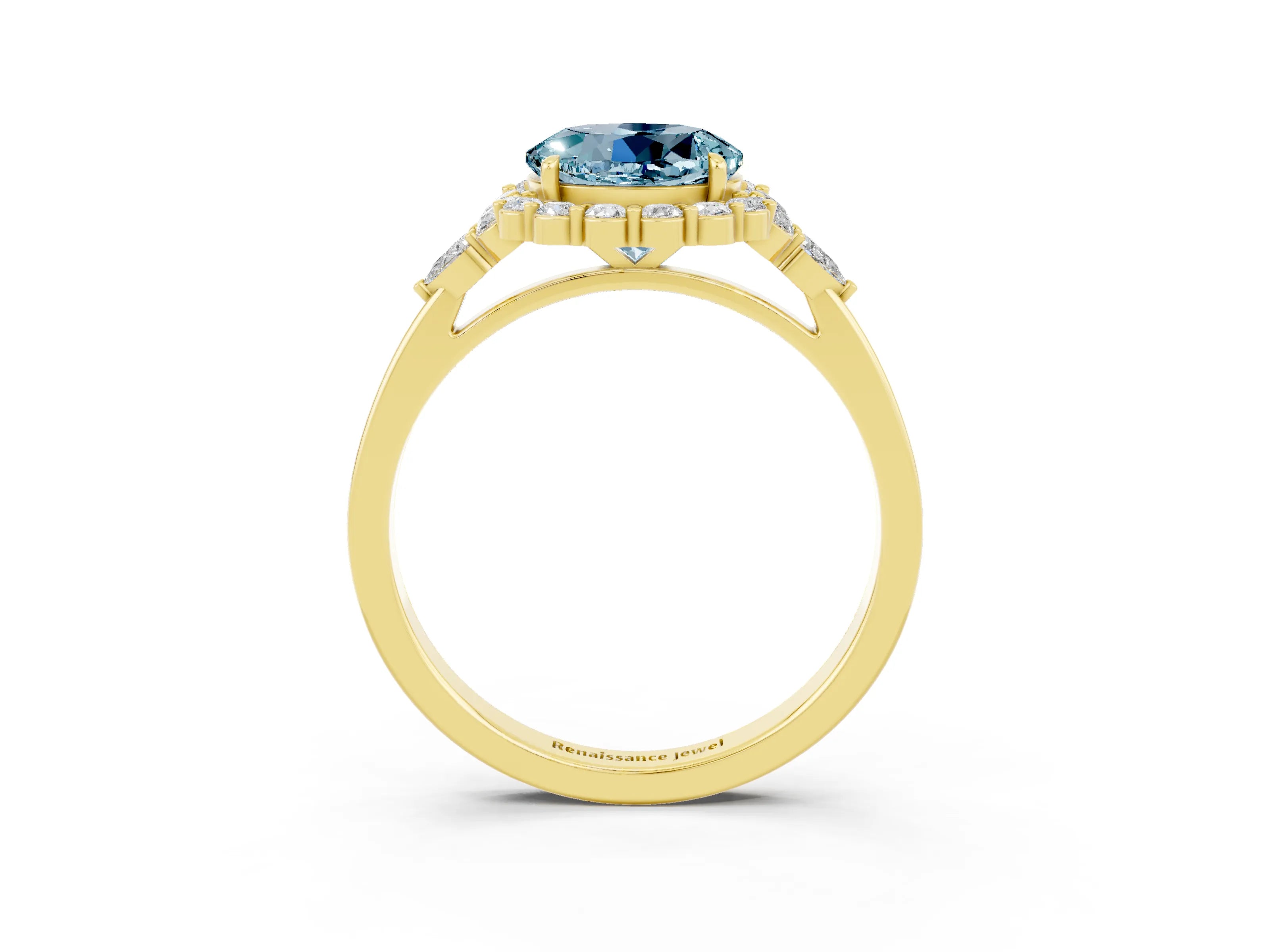 Yellow gold Round Cut Aquamarine Halo Ring with Pear Side Stones and Prong Setting_15
