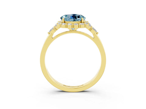Yellow gold Round Cut Aquamarine Halo Ring with Pear Side Stones and Prong Setting_15