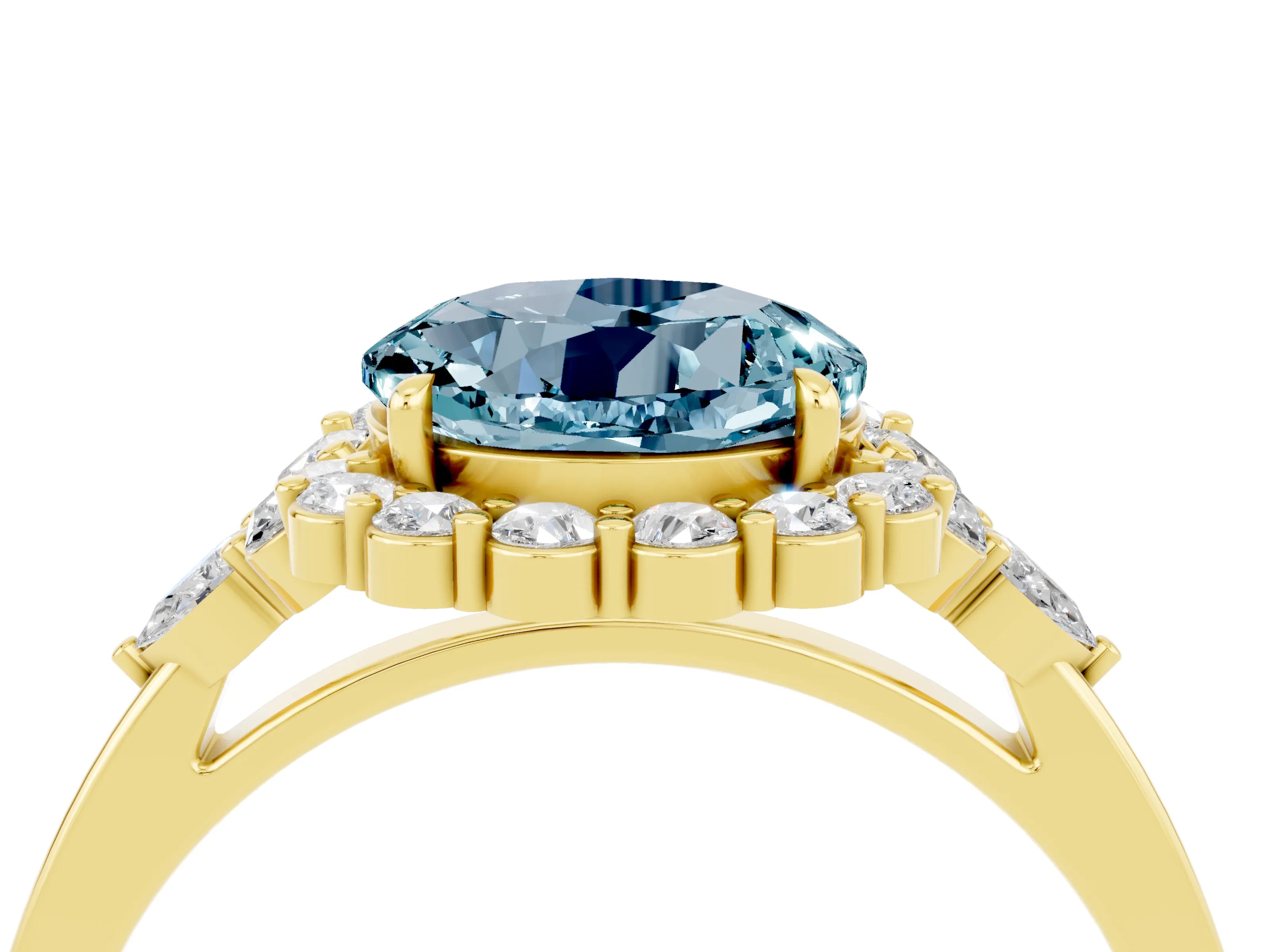 Yellow gold Round Cut Aquamarine Halo Ring with Pear Side Stones and Prong Setting_16