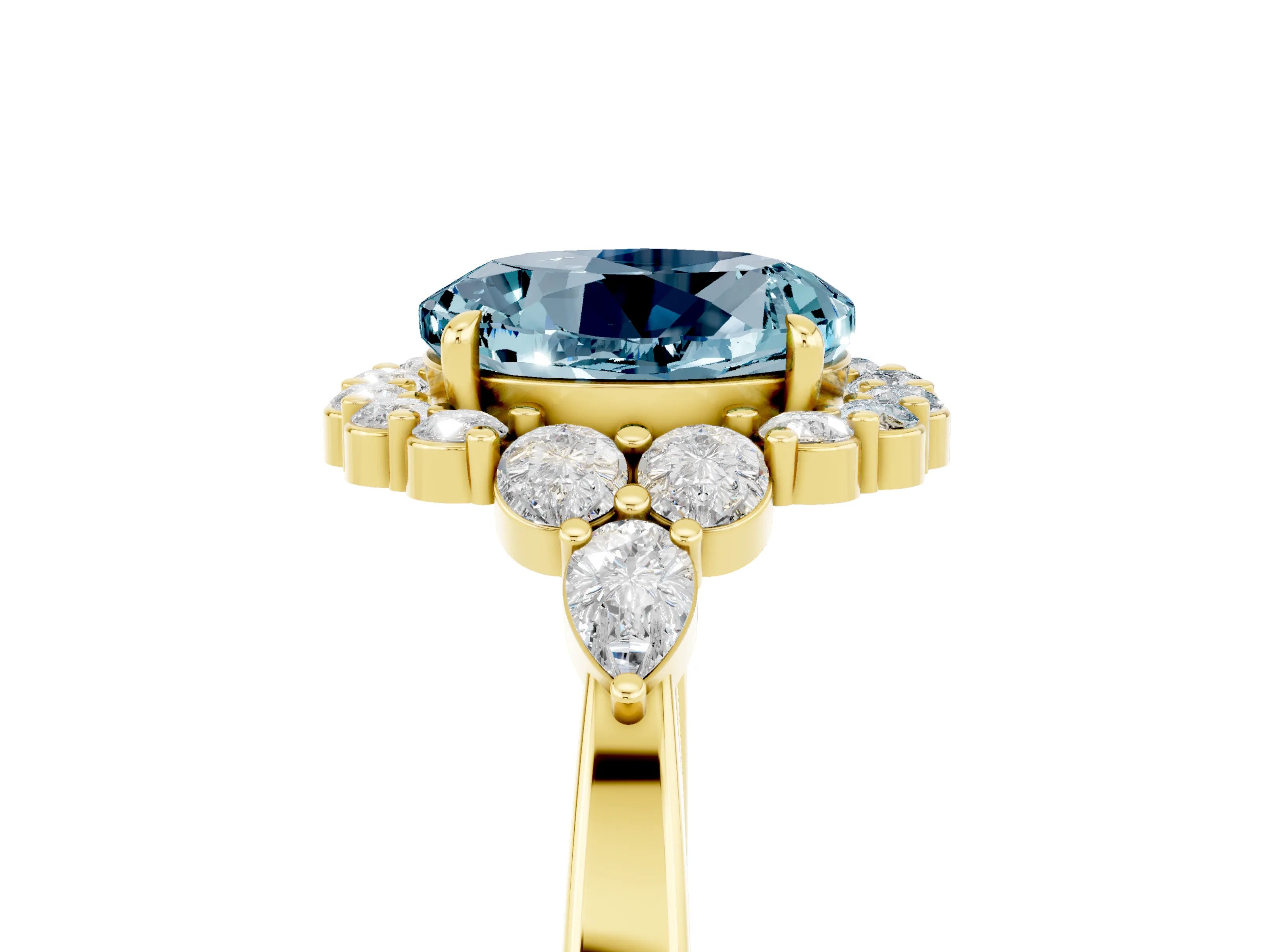 Yellow gold Round Cut Aquamarine Halo Ring with Pear Side Stones and Prong Setting_17