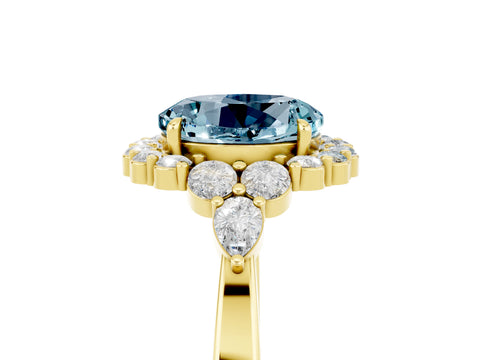 Yellow gold Round Cut Aquamarine Halo Ring with Pear Side Stones and Prong Setting_17